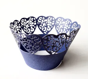 12 pcs Navy Blue Heart Lined Lace Cupcake Wrappers