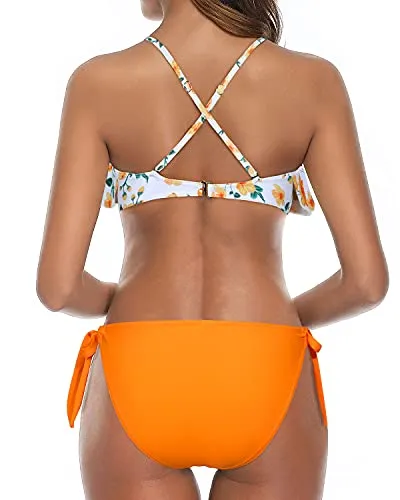 2 Piece High Cut Bottom Women Cross Back Bathing Suit-Yellow Floral