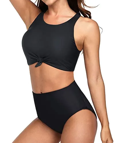 2 Piece Sporty High Neck Tie Knot Bikini Set Bottom-Black