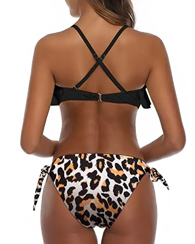 Adjustable Spaghetti Straps Women Cross Back Bathing Suit-Black And Leopard
