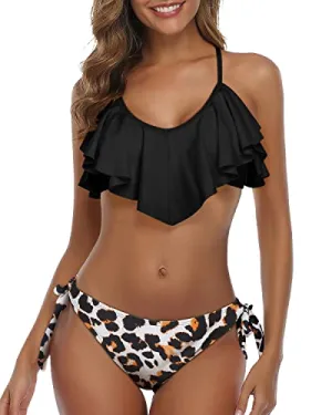 Adjustable Spaghetti Straps Women Cross Back Bathing Suit-Black And Leopard