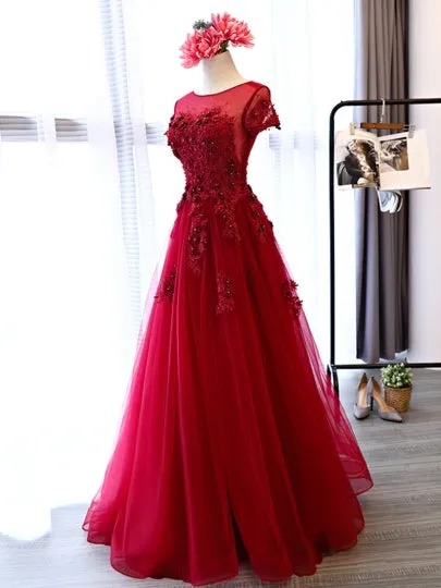 Appliques Pearls Scoop Evening Dress