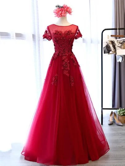 Appliques Pearls Scoop Evening Dress