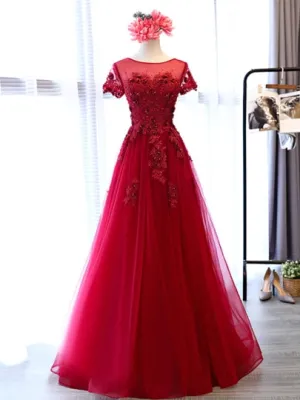 Appliques Pearls Scoop Evening Dress