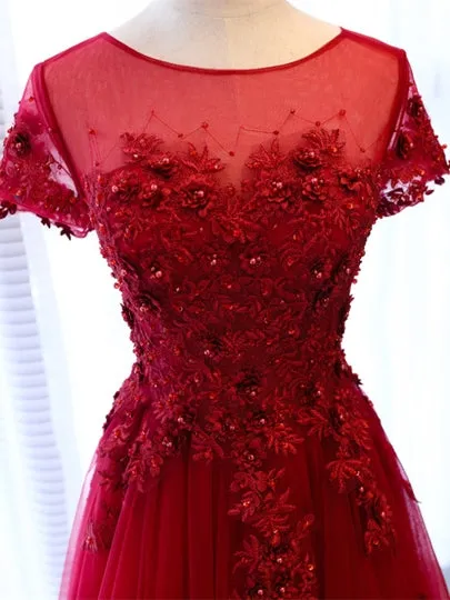 Appliques Pearls Scoop Evening Dress