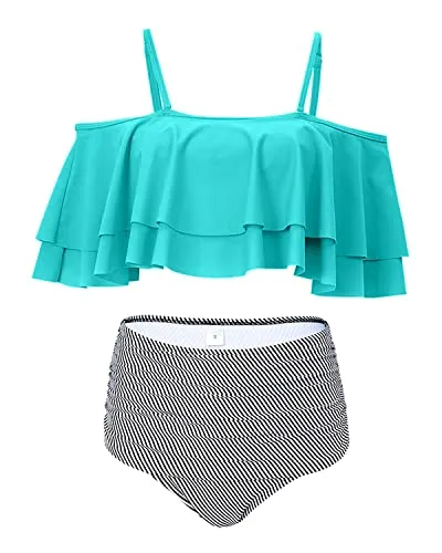 Attractive Off Shoulder Two Piece Bikini For Women-Aqua Stripe