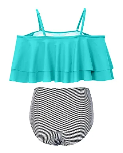 Attractive Off Shoulder Two Piece Bikini For Women-Aqua Stripe