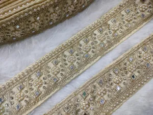 Beige Embellished Pearl and Mirror Trim