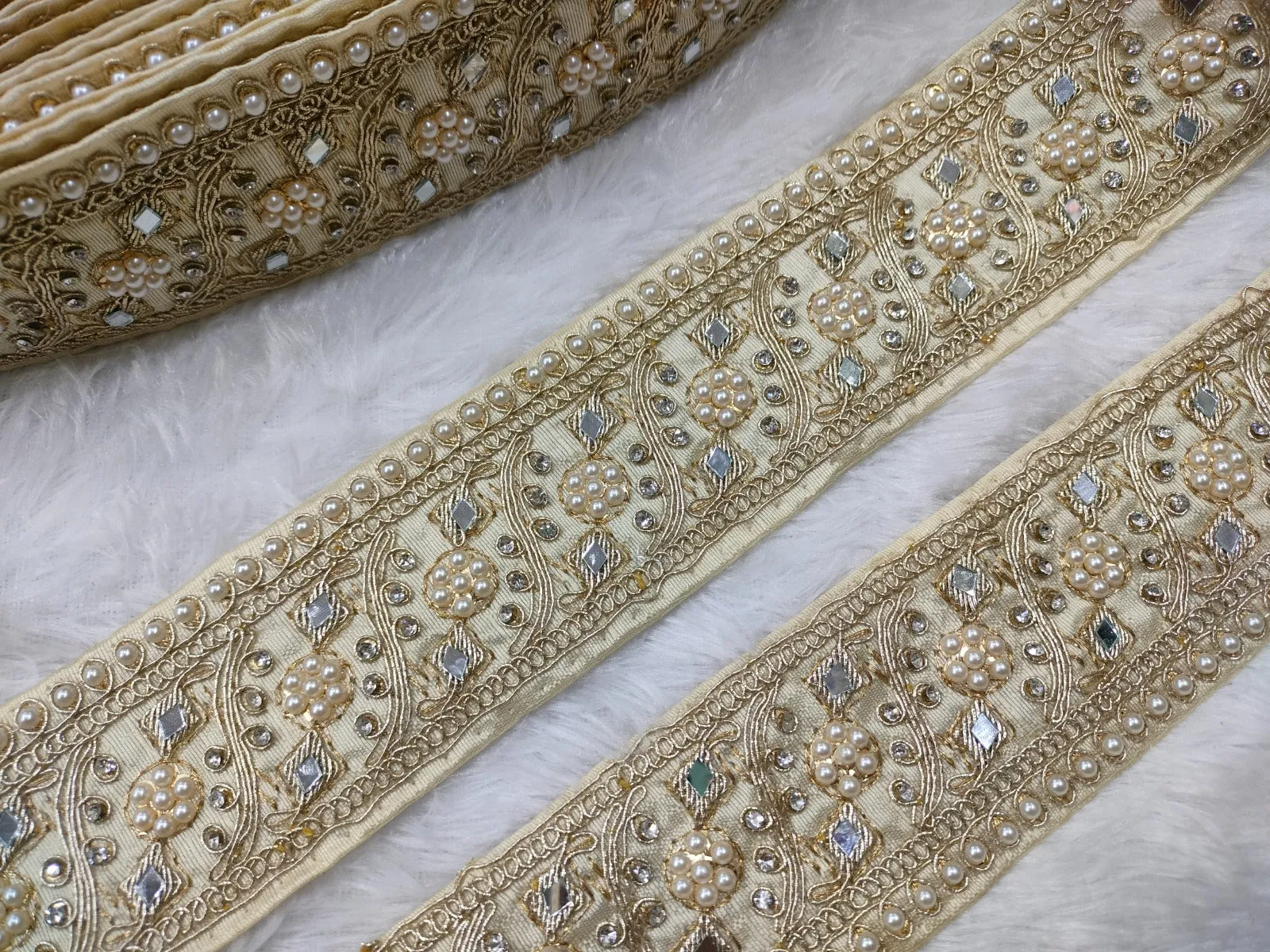 Beige Embellished Pearl and Mirror Trim