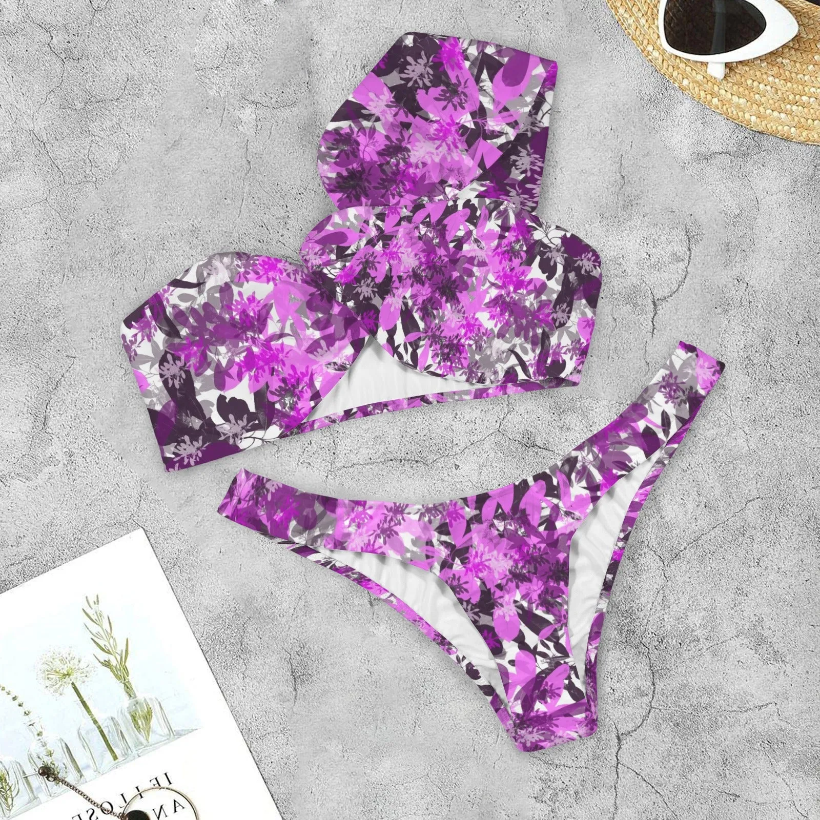 Black & Pink Leaves One Shoulder Thong Bikini up to 5 XL (FWS)