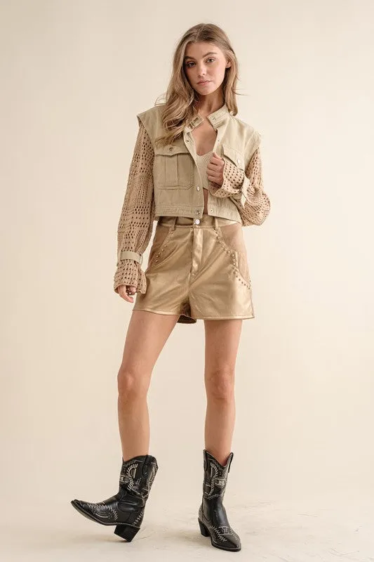 Blue B Twill Crop Crochet Sleeve Jacket