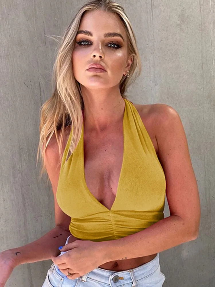 Blue Cami Top Summer Green Top Women Deep V Neck Corset Backless Crop Top Sleeveless Tank Top Sexy Party Tops Streetwear Clothes