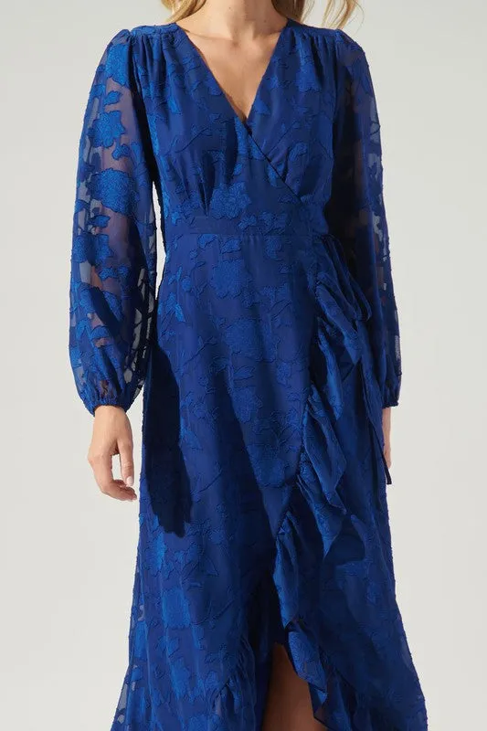Blue Zola Floral Burnout Gemini Hi Low Wrap Dress
