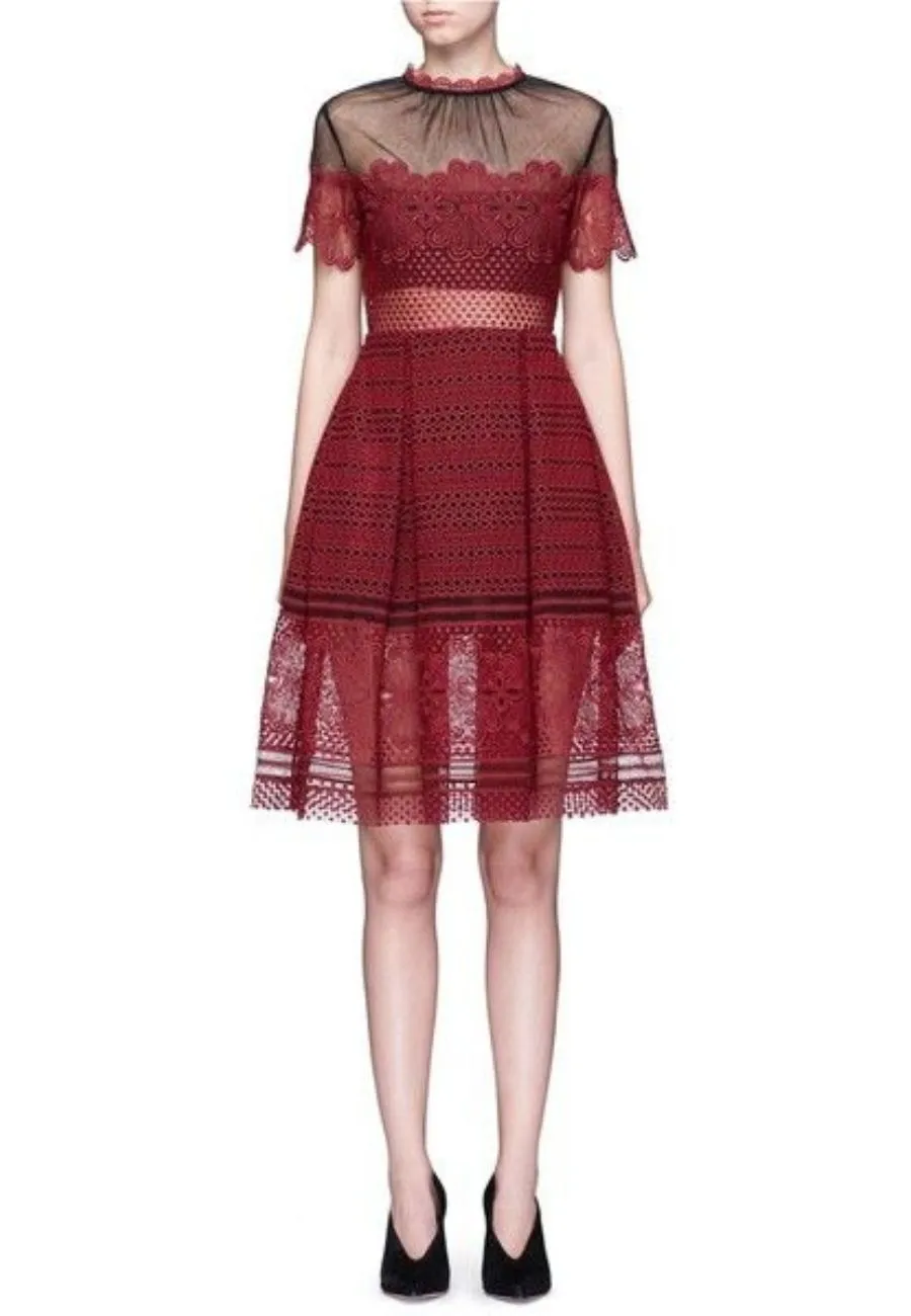 Burgundy Red Felicia Short Sleeves Lace Dress