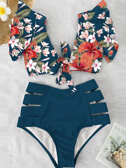 'Caribena' Floral Ruffled Hem High-Waisted Bikini Set
