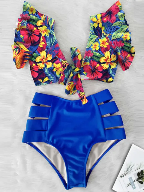 'Caribena' Floral Ruffled Hem High-Waisted Bikini Set