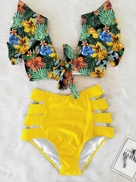 'Caribena' Floral Ruffled Hem High-Waisted Bikini Set