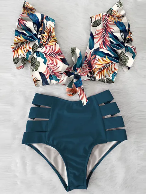 'Caribena' Floral Ruffled Hem High-Waisted Bikini Set