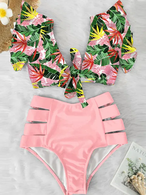'Caribena' Floral Ruffled Hem High-Waisted Bikini Set