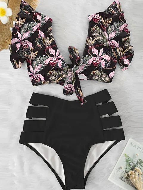 'Caribena' Floral Ruffled Hem High-Waisted Bikini Set