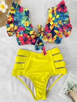 'Caribena' Floral Ruffled Hem High-Waisted Bikini Set