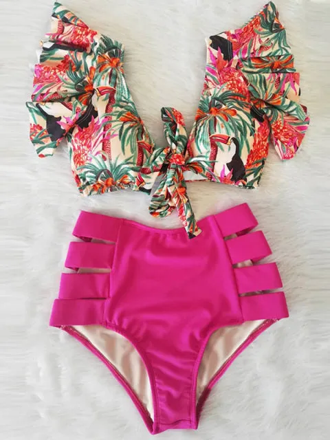 'Caribena' Floral Ruffled Hem High-Waisted Bikini Set