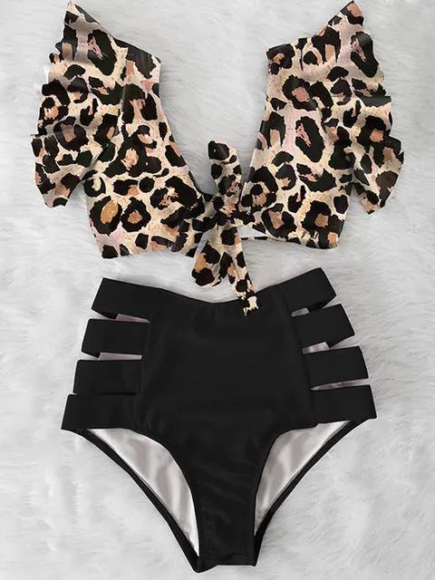 'Caribena' Floral Ruffled Hem High-Waisted Bikini Set