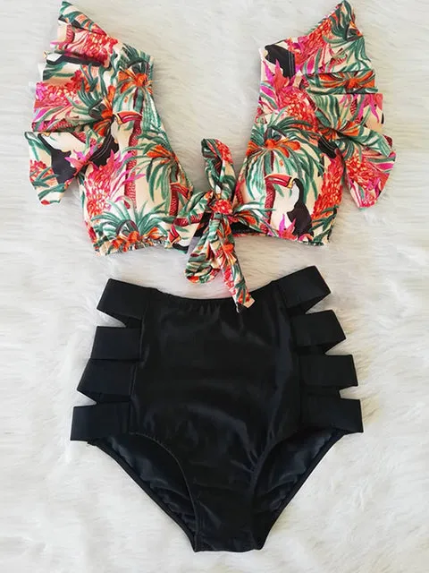 'Caribena' Floral Ruffled Hem High-Waisted Bikini Set