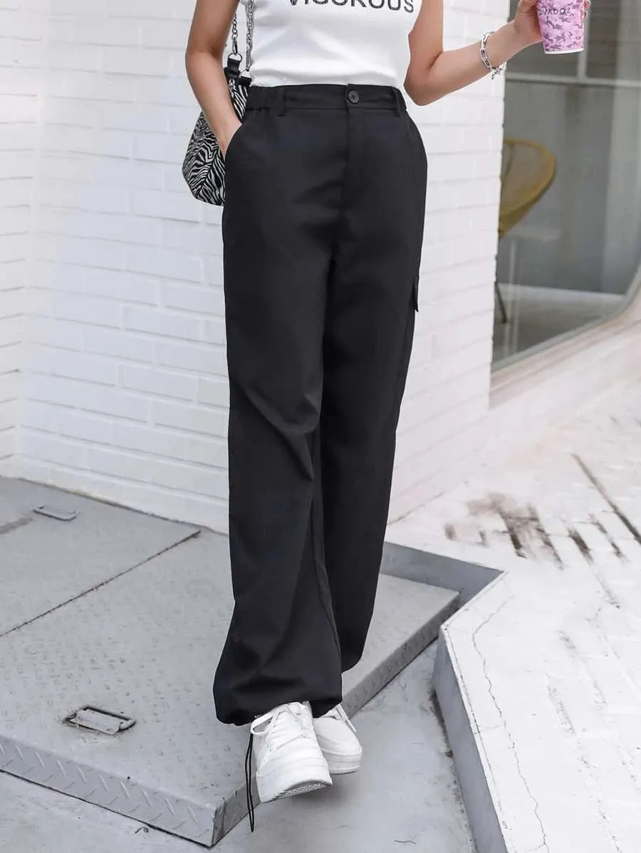 Casual Flap Pocket Drawstring Hem Cargo Pants