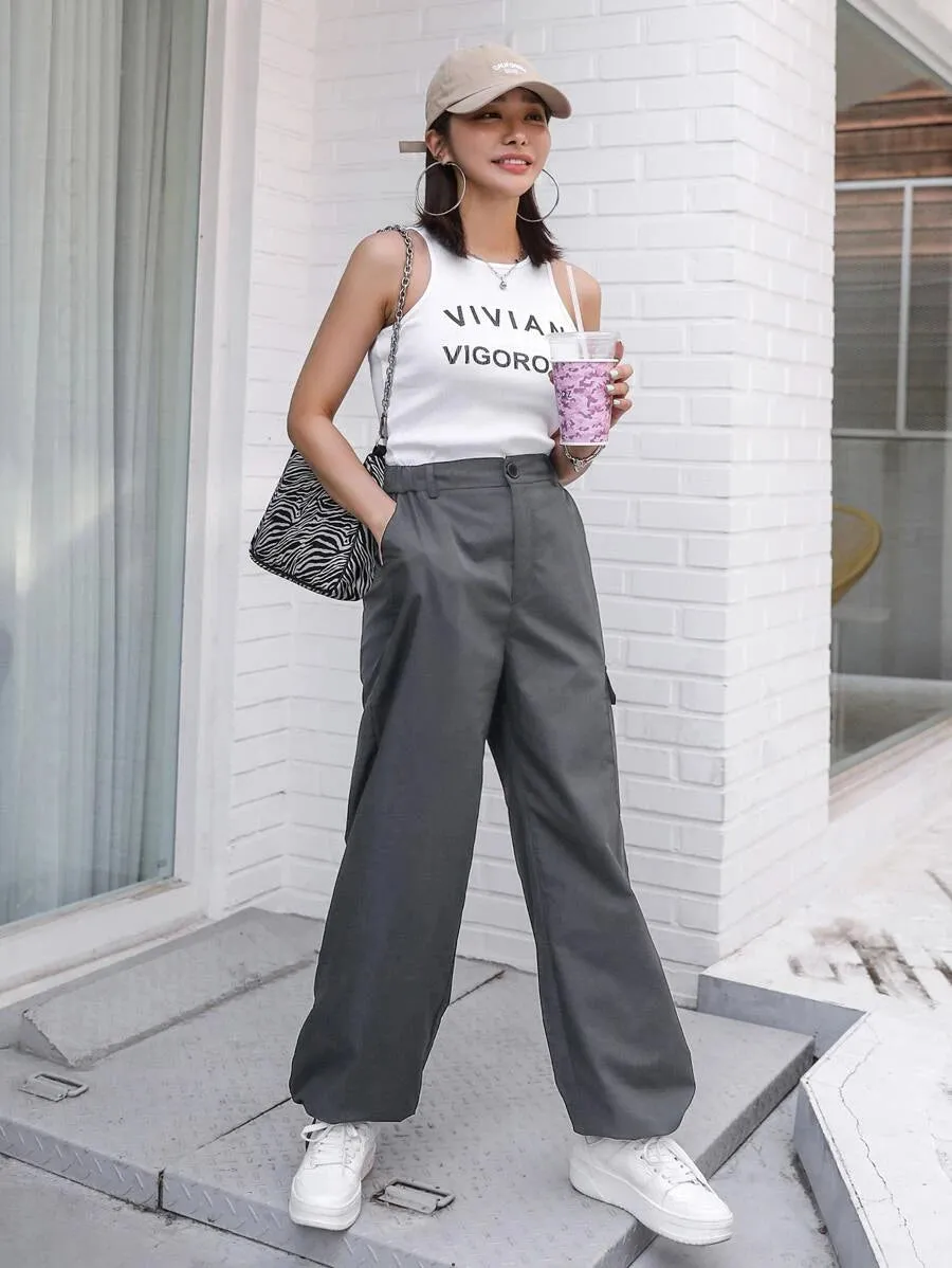 Casual Flap Pocket Drawstring Hem Cargo Pants
