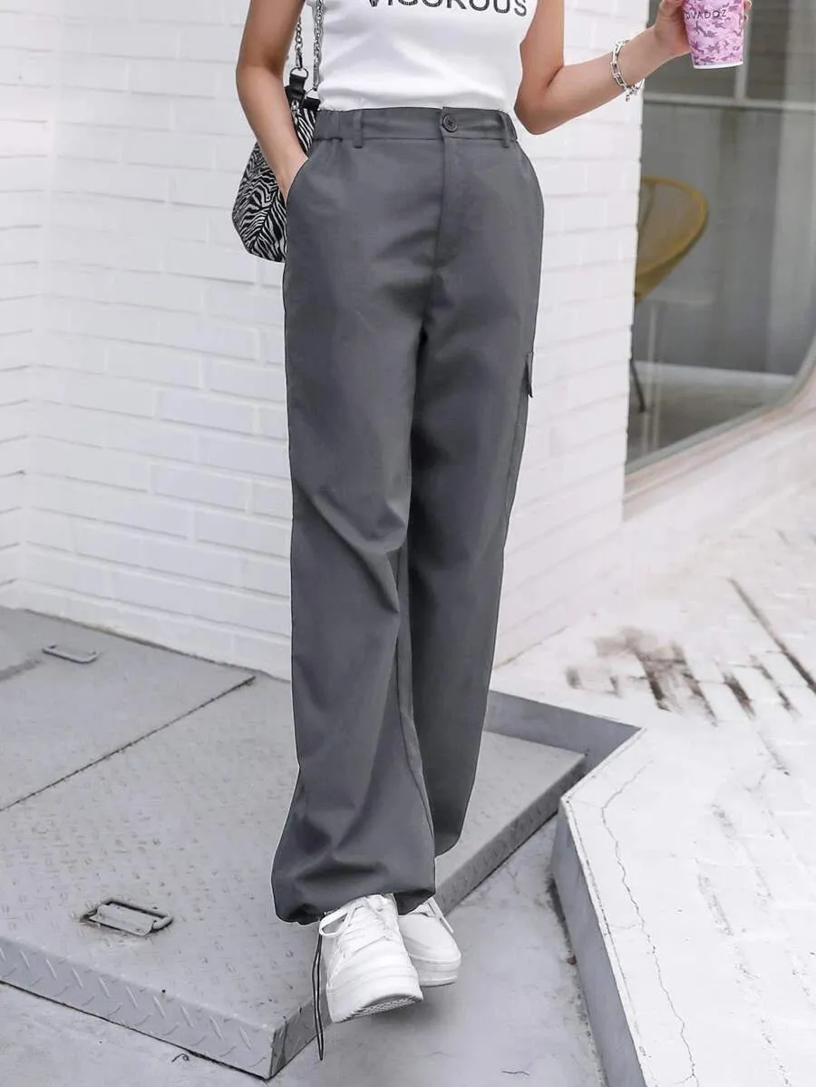Casual Flap Pocket Drawstring Hem Cargo Pants