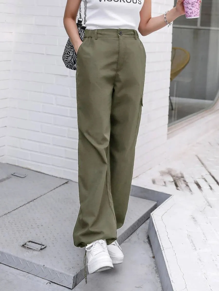 Casual Flap Pocket Drawstring Hem Cargo Pants