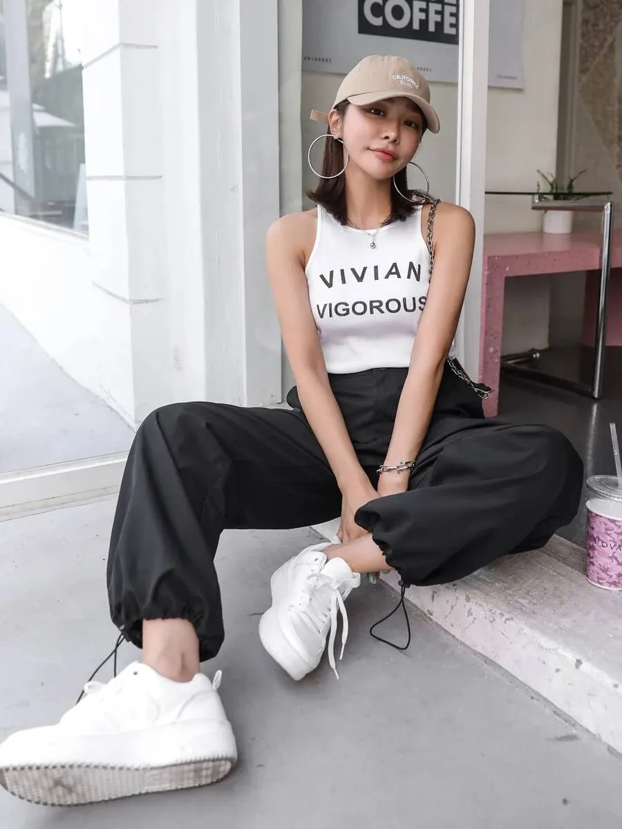 Casual Flap Pocket Drawstring Hem Cargo Pants