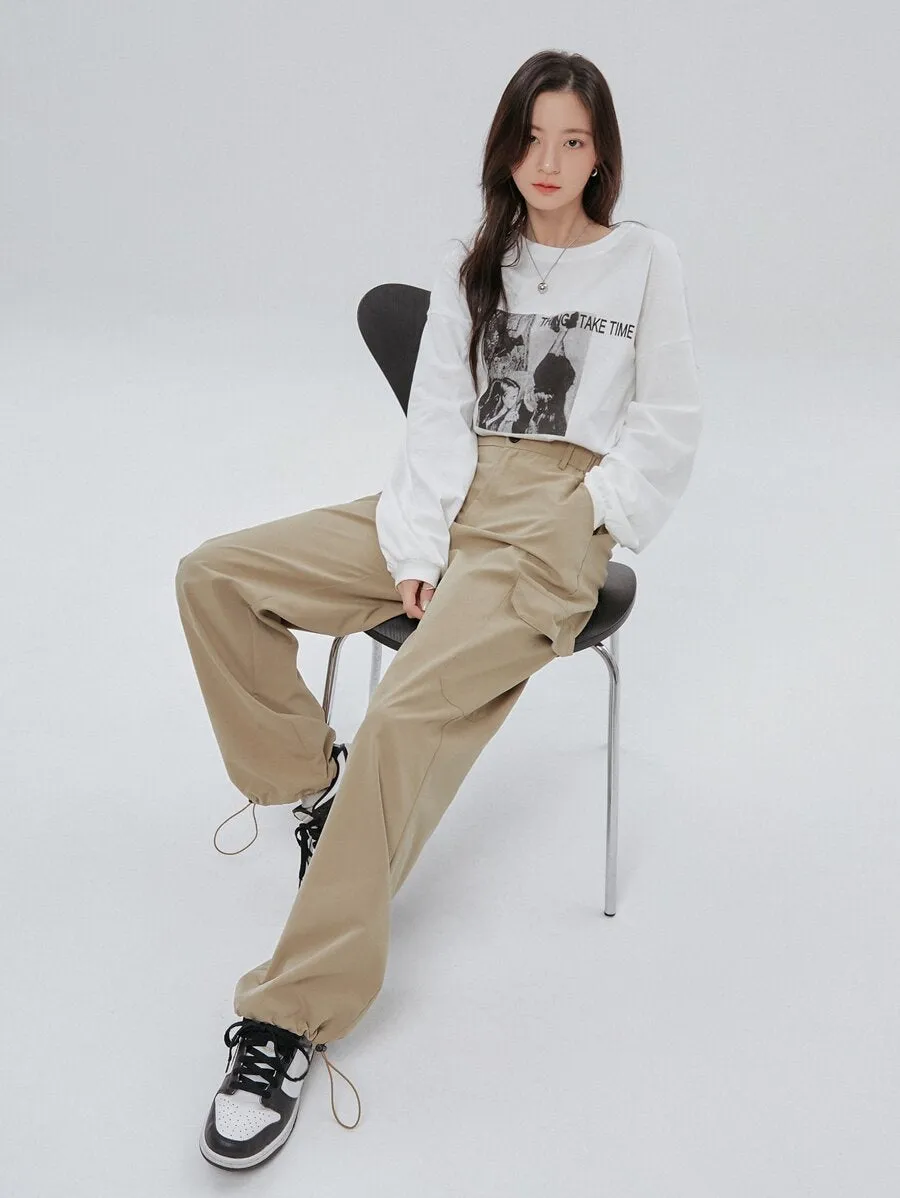 Casual Flap Pocket Drawstring Hem Cargo Pants