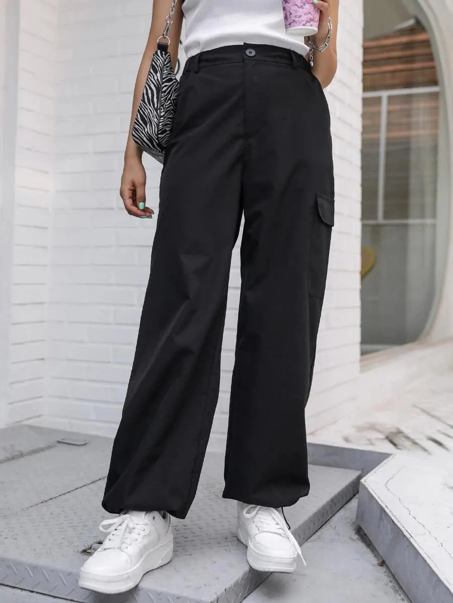 Casual Flap Pocket Drawstring Hem Cargo Pants