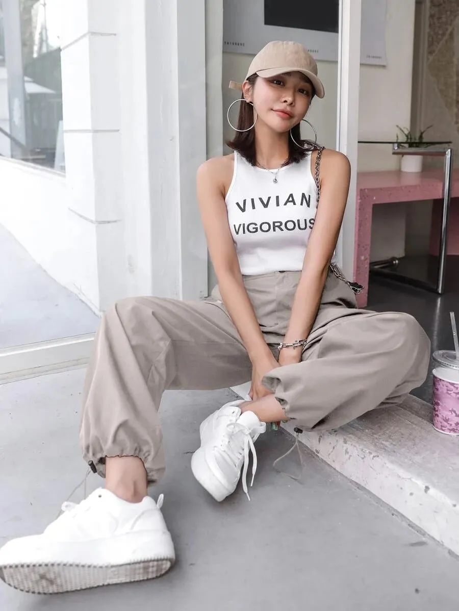 Casual Flap Pocket Drawstring Hem Cargo Pants