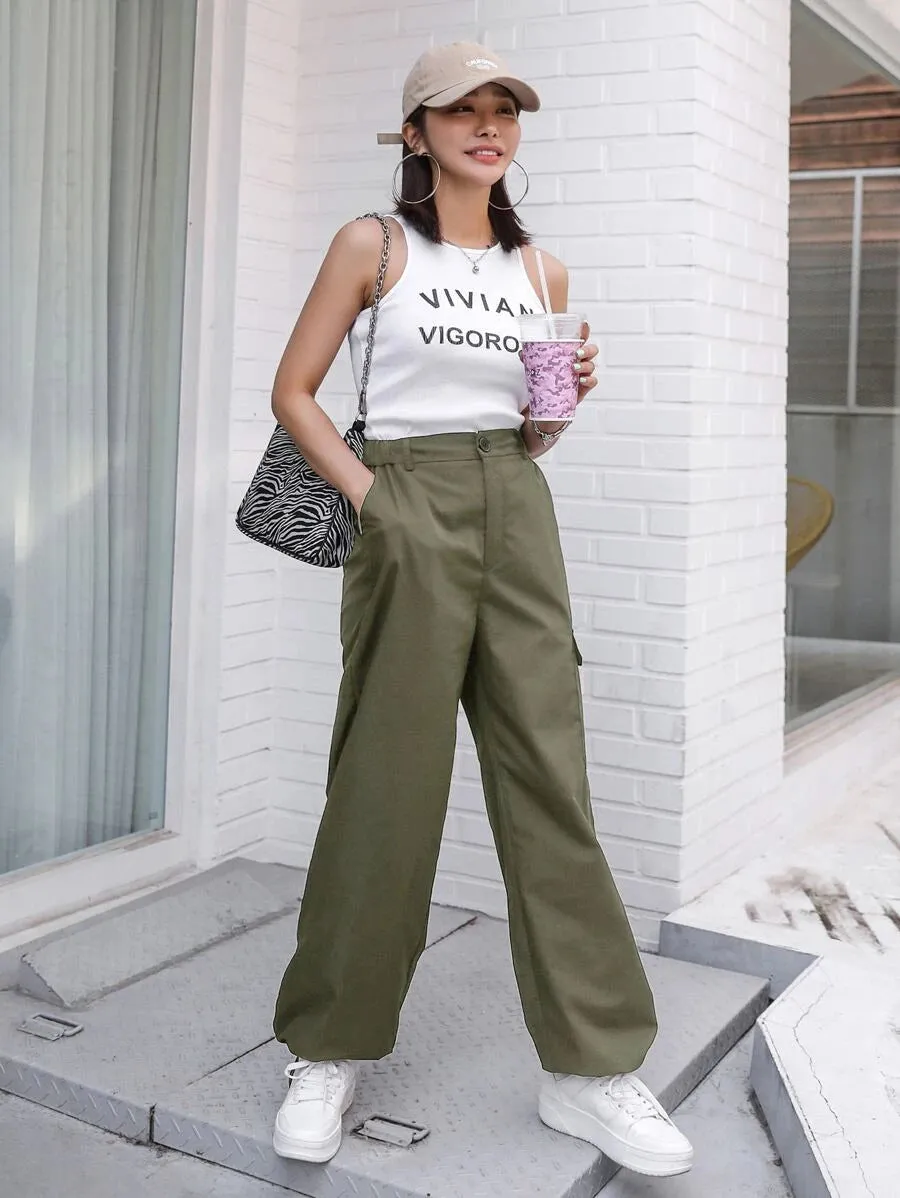 Casual Flap Pocket Drawstring Hem Cargo Pants