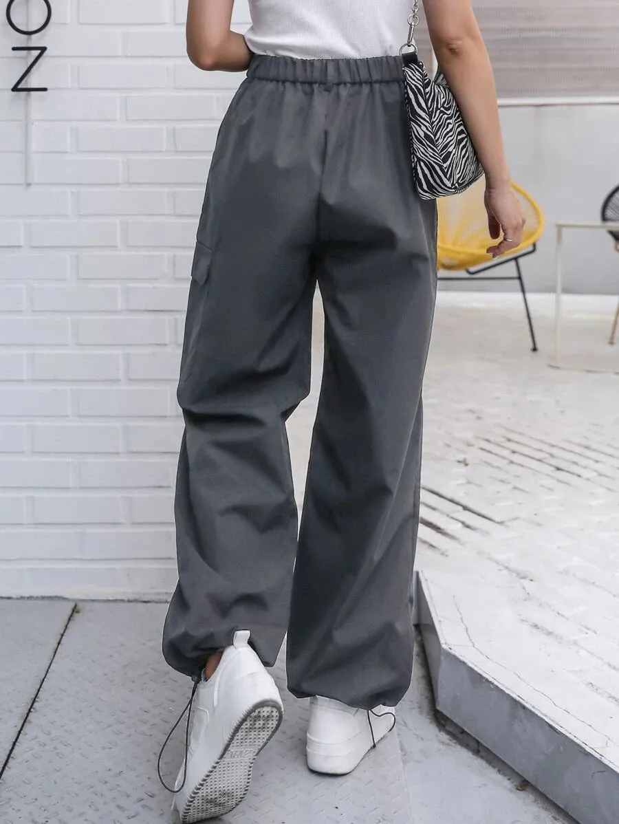 Casual Flap Pocket Drawstring Hem Cargo Pants