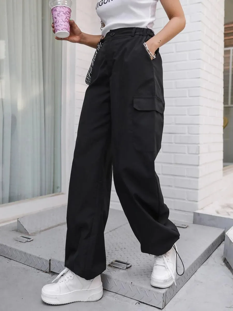 Casual Flap Pocket Drawstring Hem Cargo Pants