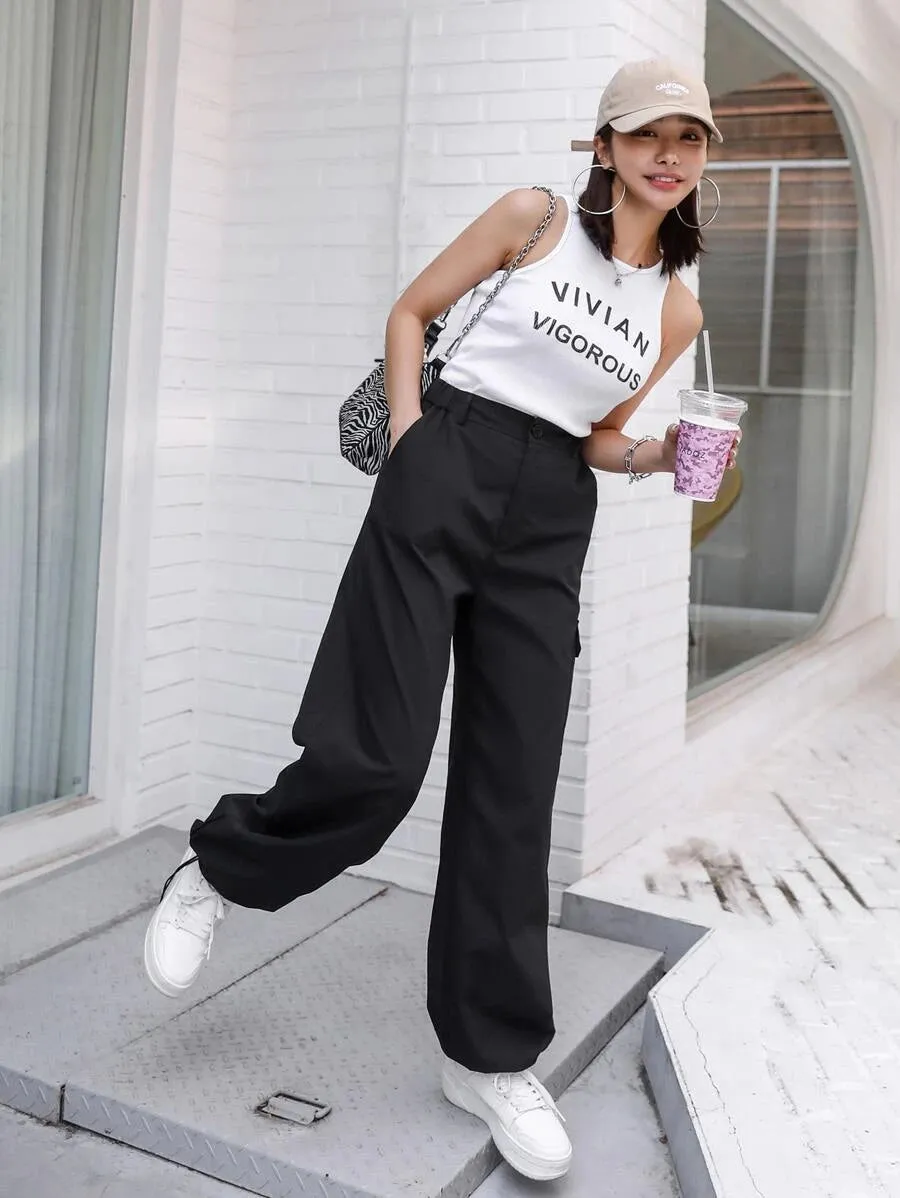 Casual Flap Pocket Drawstring Hem Cargo Pants