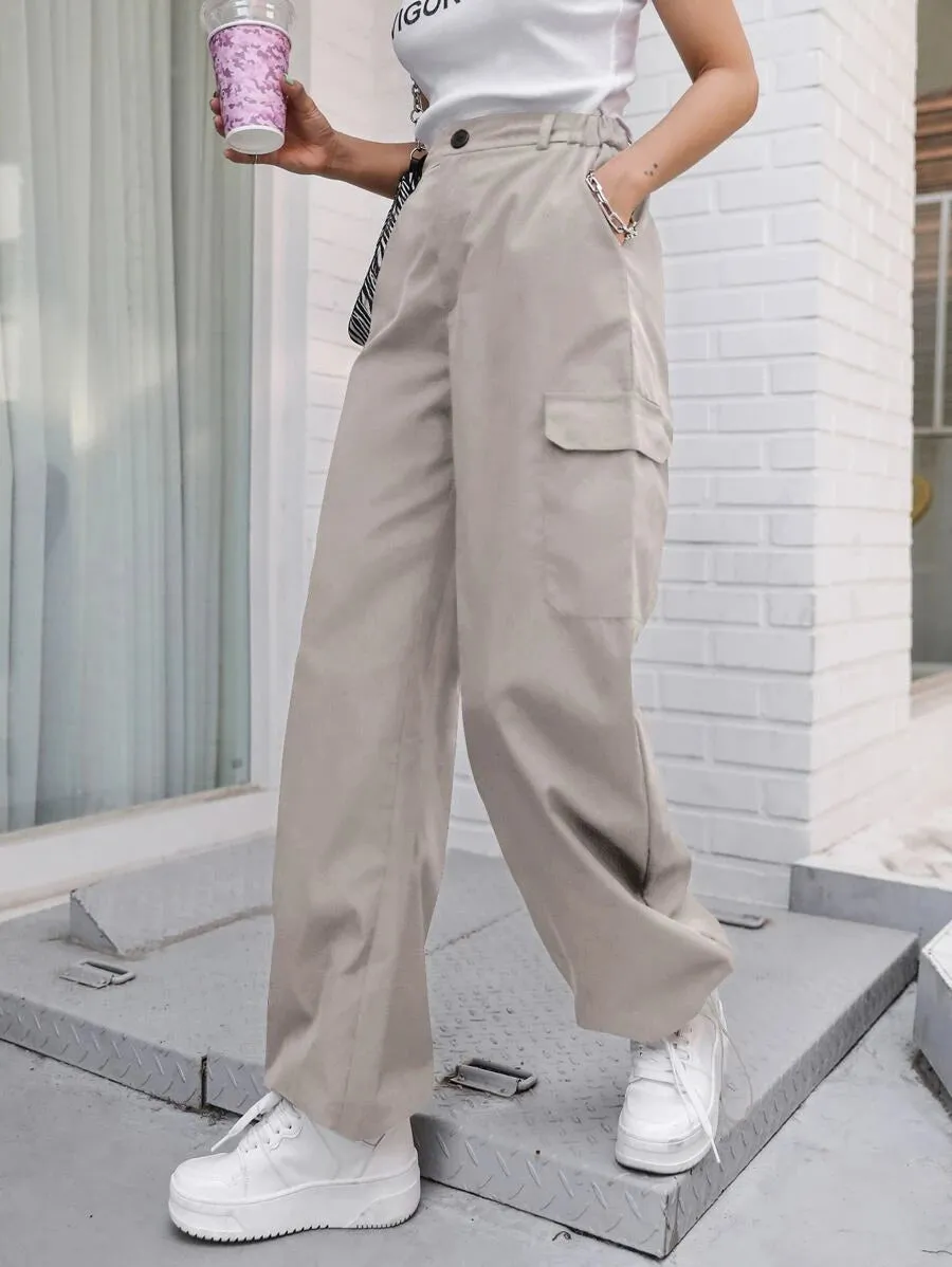 Casual Flap Pocket Drawstring Hem Cargo Pants