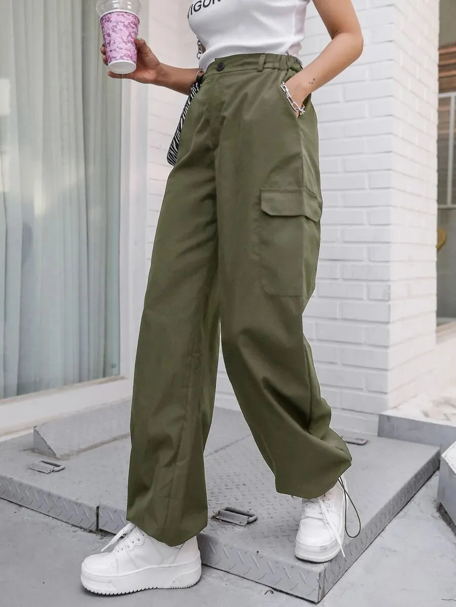 Casual Flap Pocket Drawstring Hem Cargo Pants