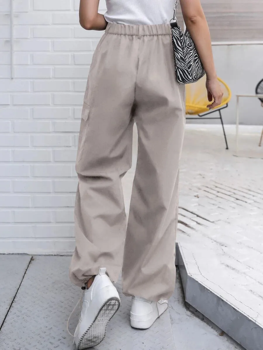 Casual Flap Pocket Drawstring Hem Cargo Pants