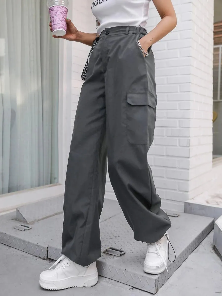 Casual Flap Pocket Drawstring Hem Cargo Pants