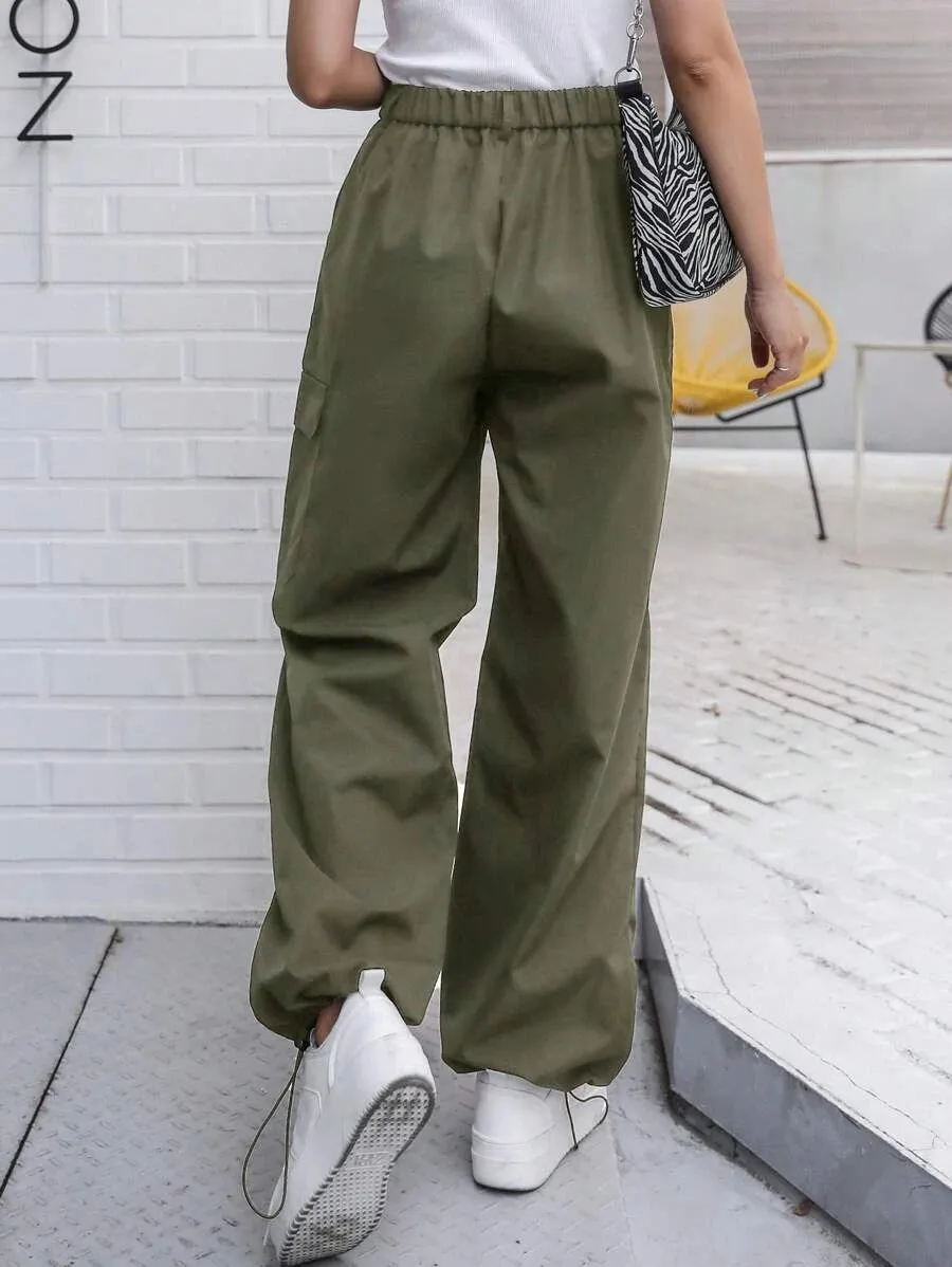 Casual Flap Pocket Drawstring Hem Cargo Pants