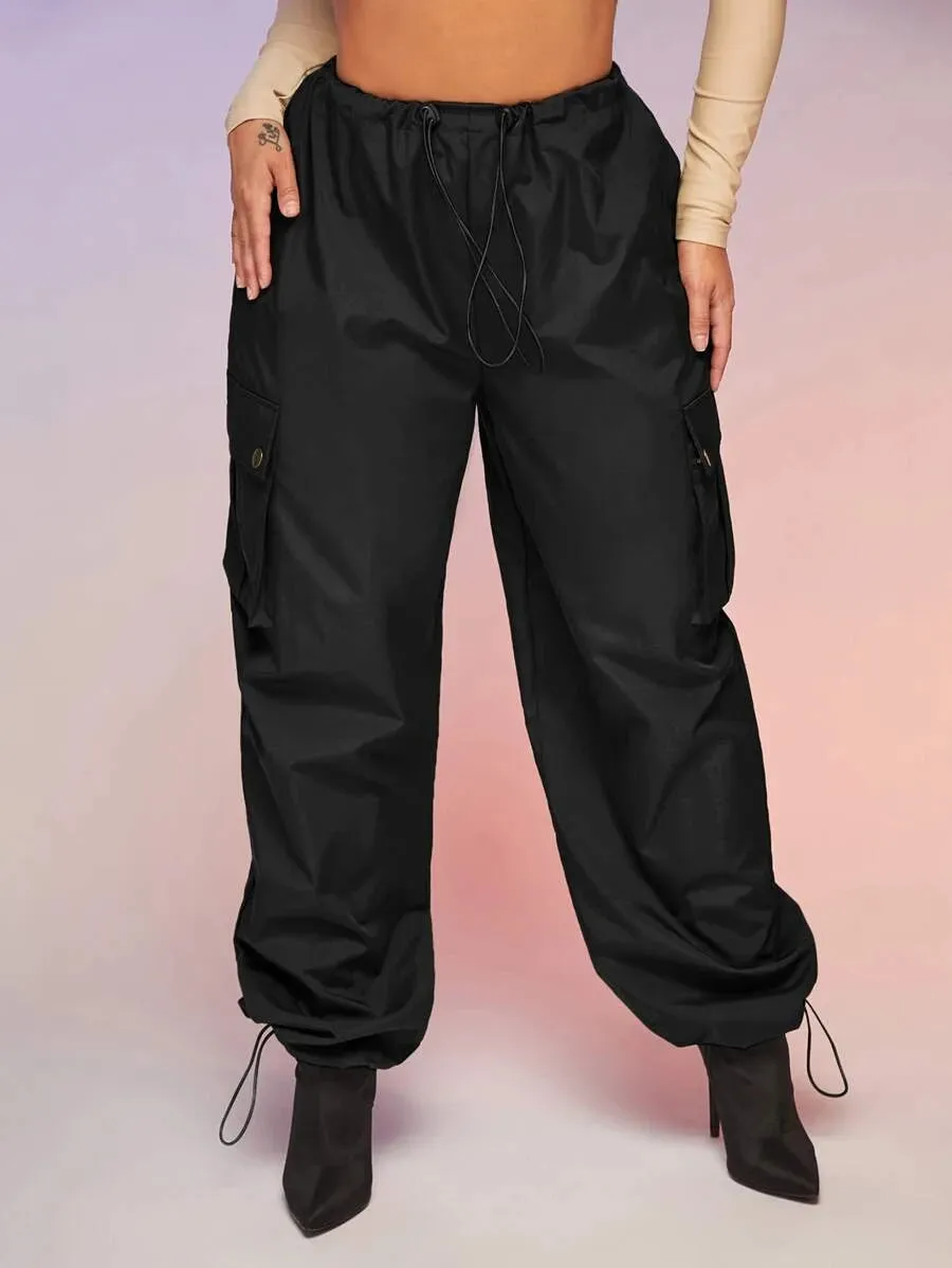 Casual Flap Pocket Drawstring Waist Parachute Cargo Pants