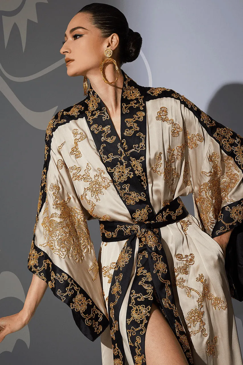 Couture Dragon Embroidered Drop Sleeve Silk Robe