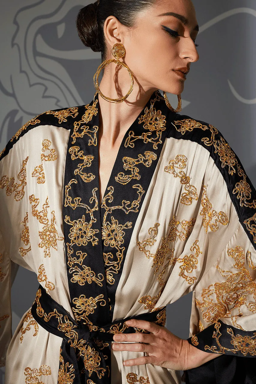 Couture Dragon Embroidered Drop Sleeve Silk Robe