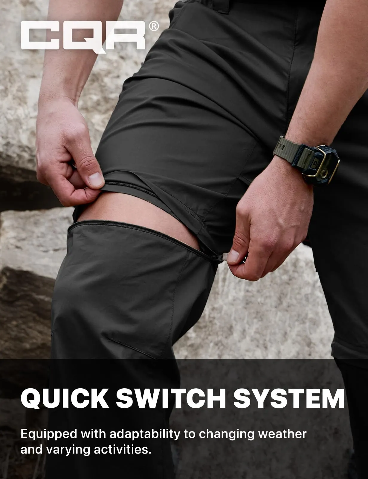 CQR Men's Convertible Cargo Tactical Pants, Water Resistant Outdoor Hiking Pants, Zip Off Lightweight Stretch Work Pants, Runyon Black, 32W x 30L