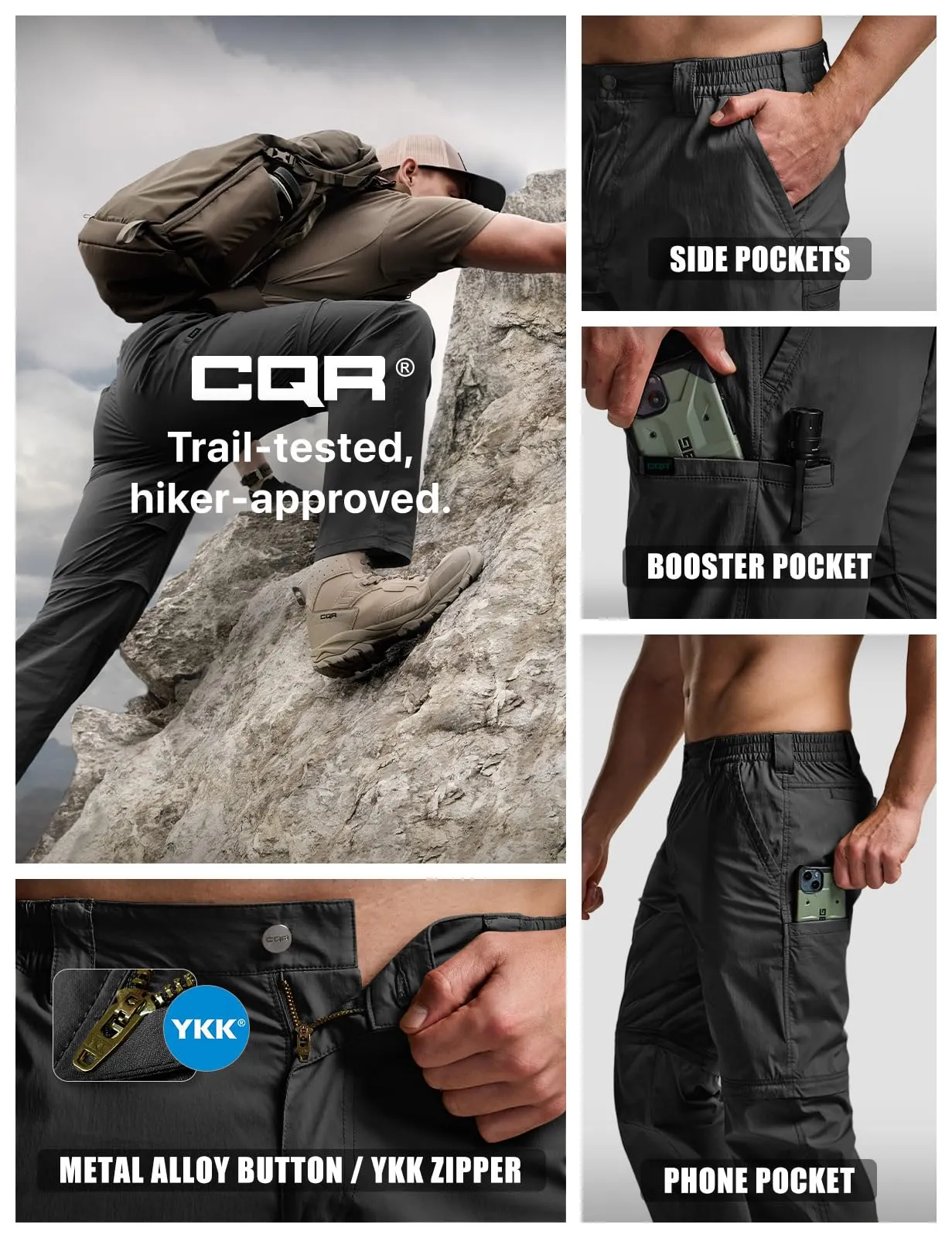 CQR Men's Convertible Cargo Tactical Pants, Water Resistant Outdoor Hiking Pants, Zip Off Lightweight Stretch Work Pants, Runyon Black, 32W x 30L